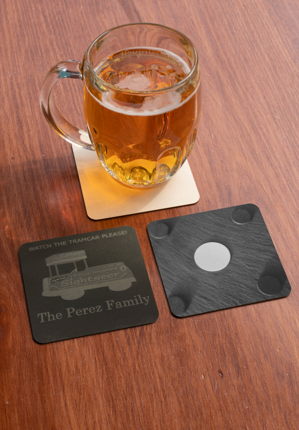 Slate "Watch The Tramcar Please" Personalized Coaster with NFC Tap Tag