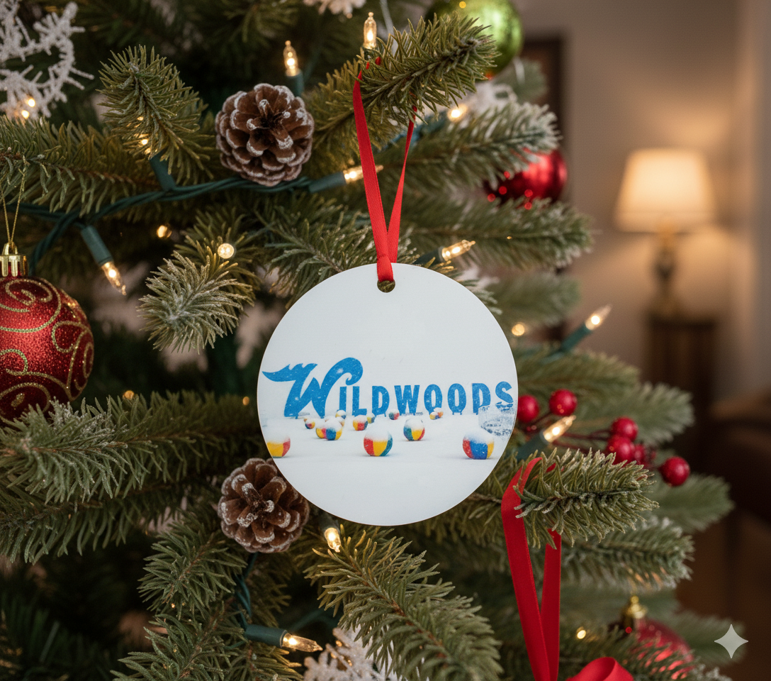 Wildwood NJ Snowy Sign and Beach Balls Christmas Ornament