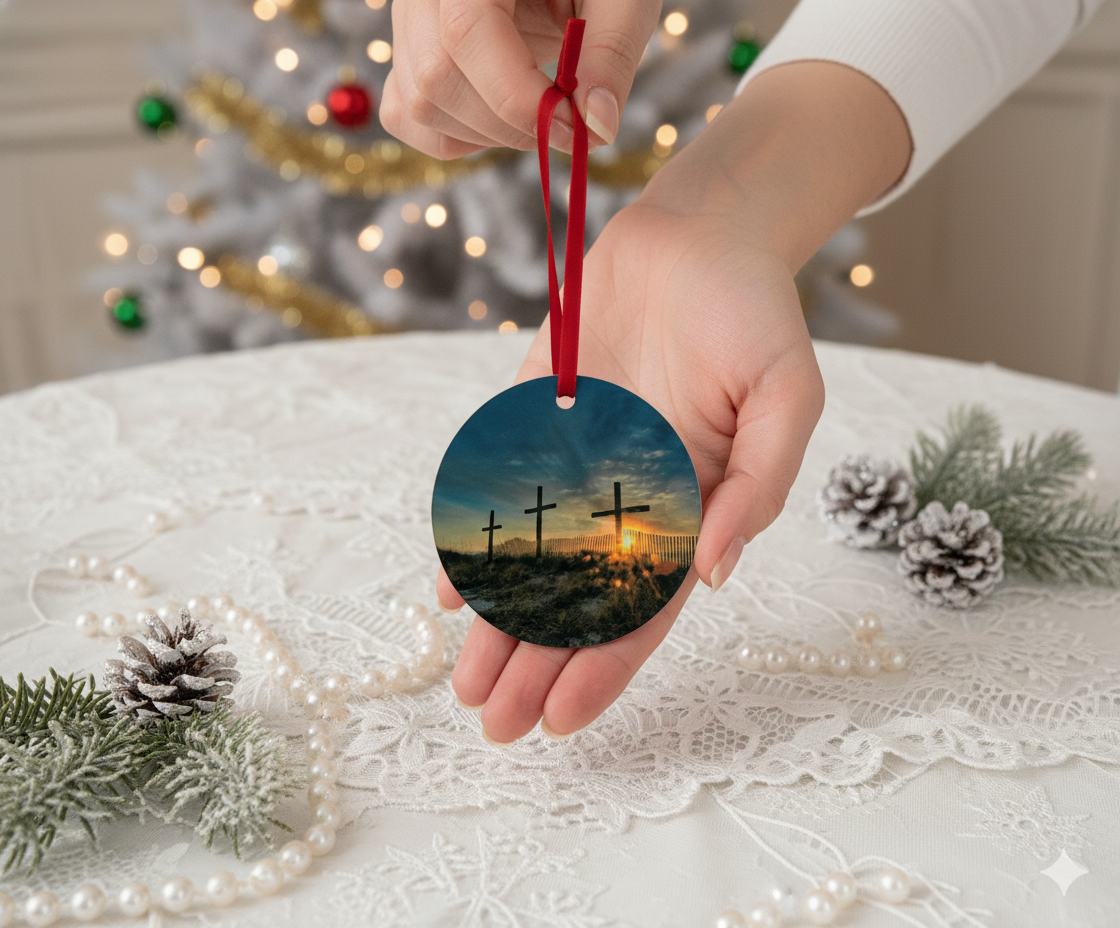Beachside Christmas Ornament Three Crosses at Sunrise