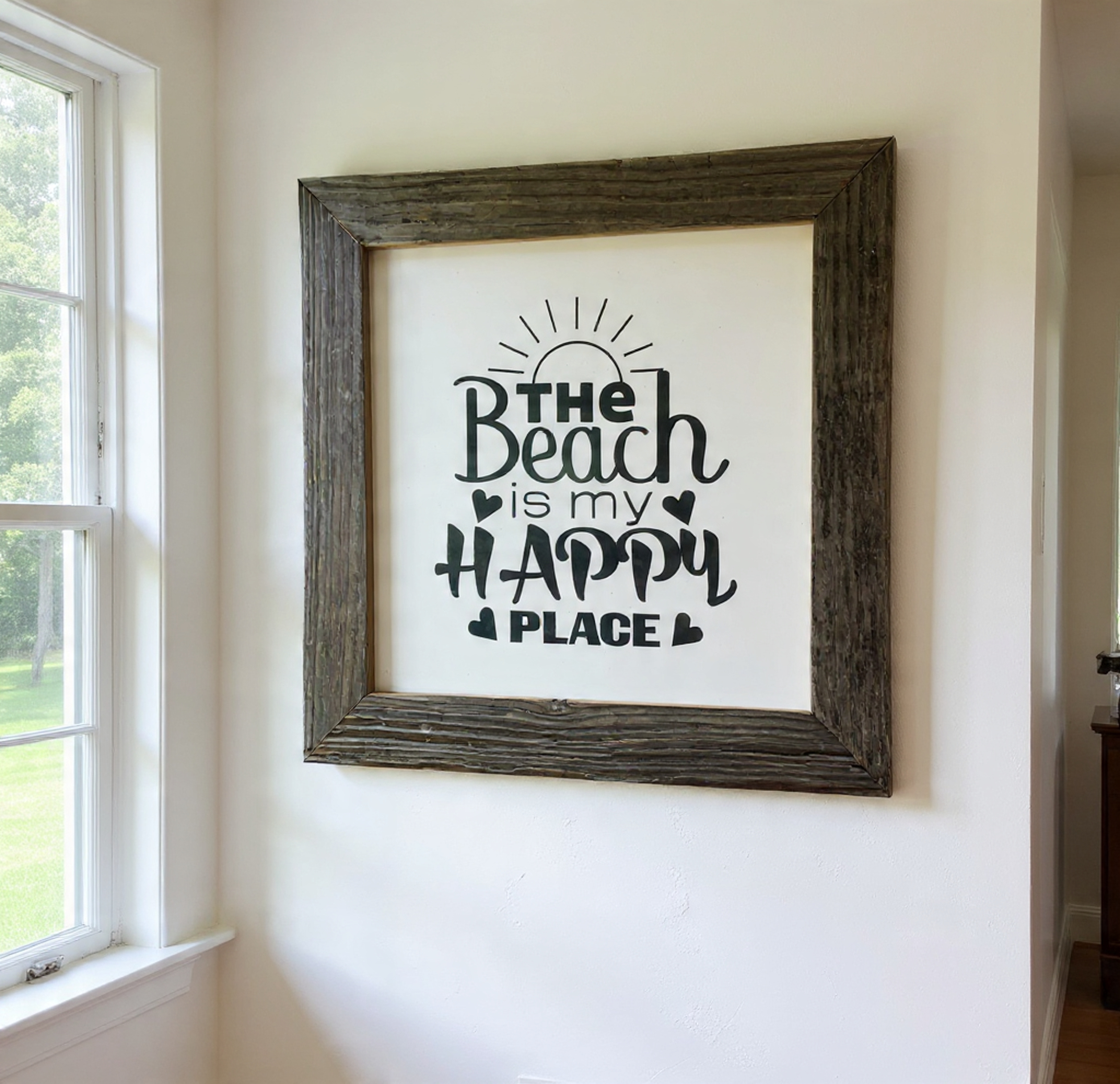 “The Beach Is My Happy Place” 12x12 Sign Framed in Authentic Wildwood Boardwalk Wood